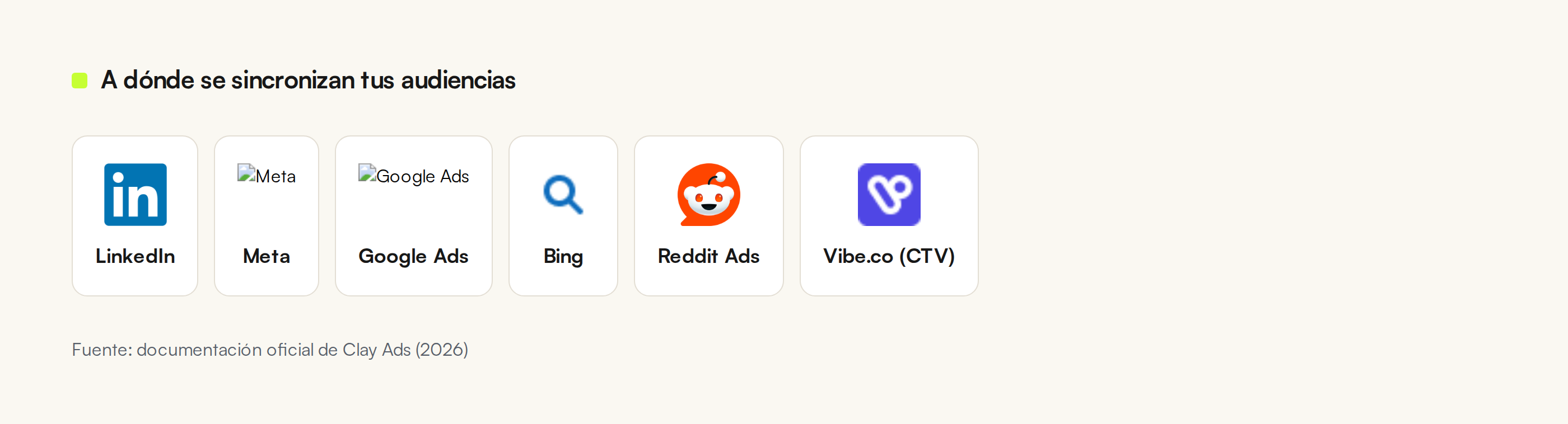 Destinos de Clay Ads: LinkedIn, Meta, Google Ads, Bing, Reddit y Vibe.co (CTV)