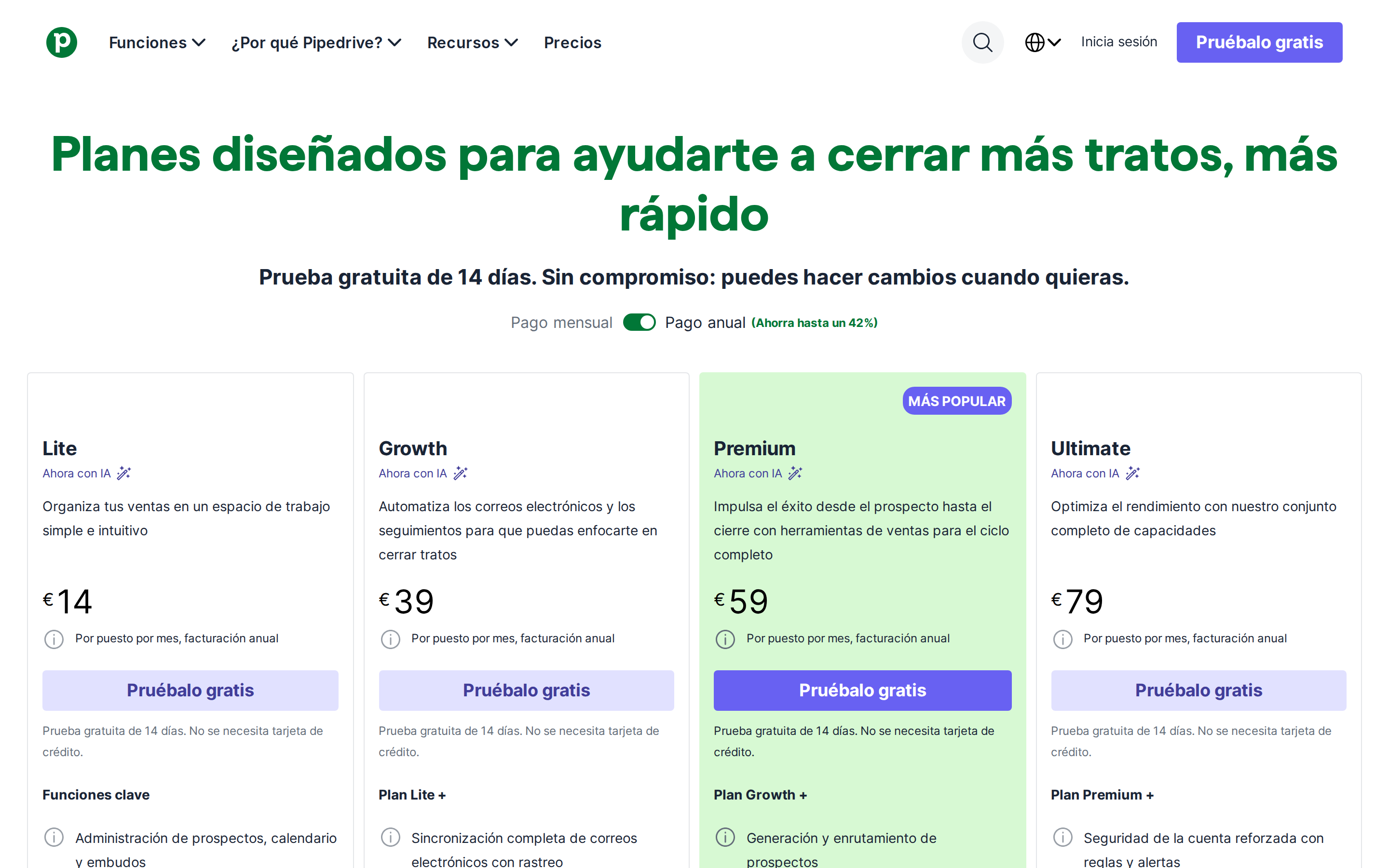 Página de precios de Pipedrive: planes de 14€ a 79€ por usuario y mes
